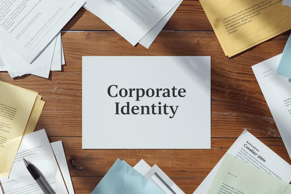 Auf einem Tisch liegen verschiedene Zettel, in der Mitte liegt ein Zettel mit "Corporate Identity"