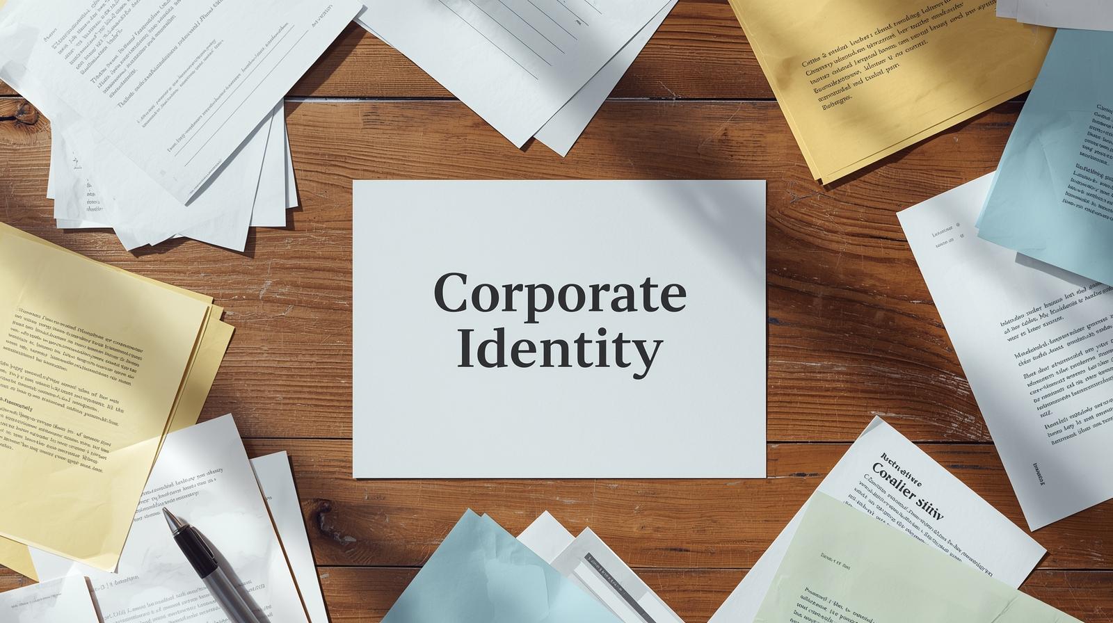 Auf einem Tisch liegen verschiedene Zettel, in der Mitte liegt ein Zettel mit "Corporate Identity"
