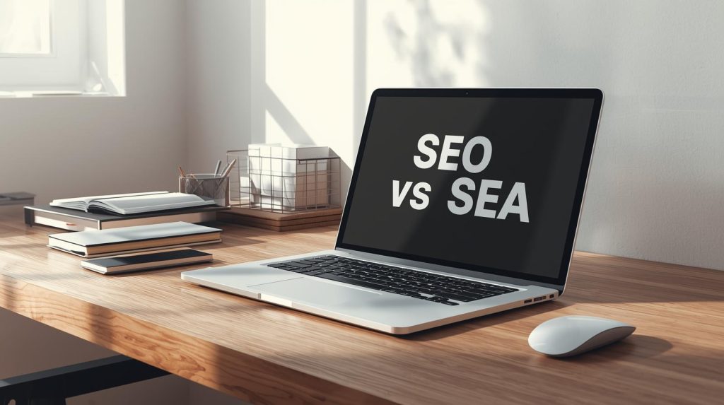 Laptop der am Tisch steht mit SEO vs SEA am Bildschirm