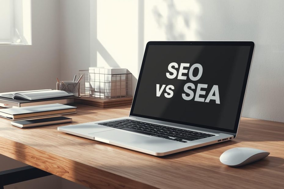 Laptop der am Tisch steht mit SEO vs SEA am Bildschirm